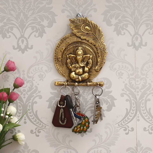 Golden Lord Ganesha Mor Pankh 4 Hooks Key Holder